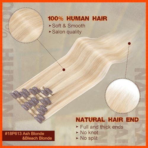 Image of Benehair Human Hair Clip in Extensions Balayage Ash Blonde Mix Bleach Blonde Highlight Hair Extensions for Women Long Straight Remy Natural Full Head 8pcs 24inch No Tape No Glue #18P613