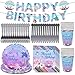 Babioms 85Pcs Stoviglie per Feste a Sirena, Piatto per la Cena, Tovagliolo di Carta, Coltello, Forchetta, Tazza, Banner, Feste di Principesse Stoviglie - 16persone