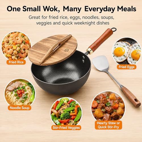 Image of WANGYUANJI 8.7-Inch Carbon Steel Mini Wok, Flat Bottom Small Stir Fry Pan for 1-2 Servings, Uncoated Textured Wok for Gas, Electric, Ceramic & Induction Stoves, with Lid & Spatula