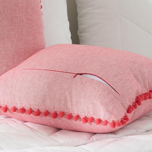 Image of 100% Cotton Pom Pom Cushion with Filler, Elegant & Modern Cushion Cover for Living Room, Square Shape, 20 inchx20 inch, uni Chambray, Set of 5 - Viva Magenta