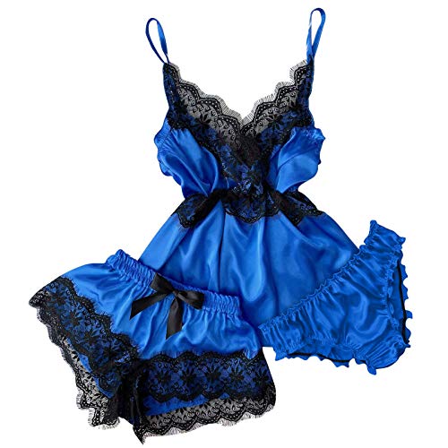 Women Lingerie Set Satin Cami Shorts Pajamas Sleepwear Loungewear Set Lace Sexy Teddy Lingerie Bodysuit Babydoll(C) Blue