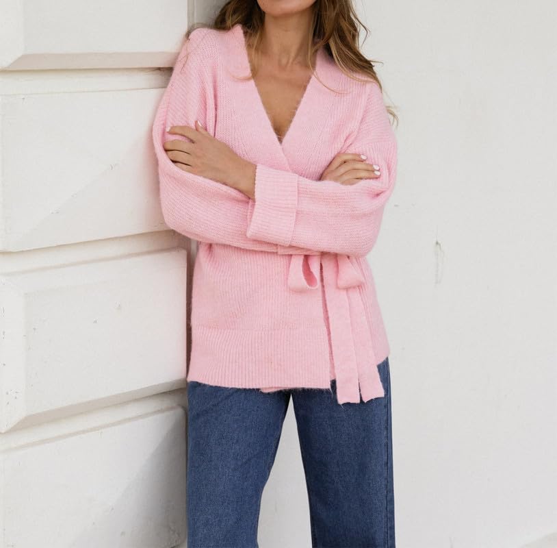 Wrap Sweater Cardigan for Women Long Sleeve V Neck Knit Coat with Belt Tie Waist Open Front Cardigan Outwear4