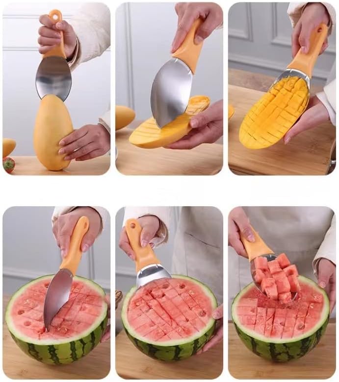 Miniatura 6 de Cortador de mango de 2 piezas, cortador de sandía, artefacto de corte de mango, cuchara de frutas de acero inoxidable para fiestas familiares y
