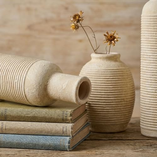 Rustic Farmhouse Vase Set of 3 - Ceramic Decorative Vases Home Decor - Pampas Grass Dried Fresh Flowers - for Centerpiece, Table, Mantel Entryway, Kitchen, Bedroom (White2) - Image 5