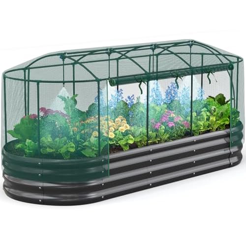 Quictent Galvanized Raised Garden Bed Kit with Self Watering System and Mesh Cover, Large Oval Metal Outdoor Planter Garden Boxes for Vegetables Herbs