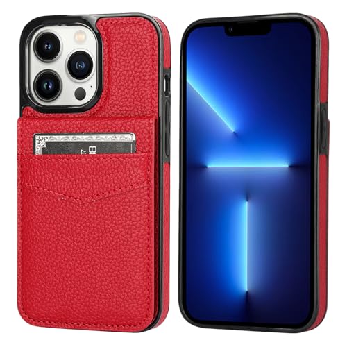 Image of KIHUWEY Compatible with iPhone 13 Pro Case Wallet with Credit Card Holder, Premium Leather Magnetic Clasp Kickstand Heavy Duty Protective Cover for iPhone 13 Pro 6.1 Inch (Lichee Red)