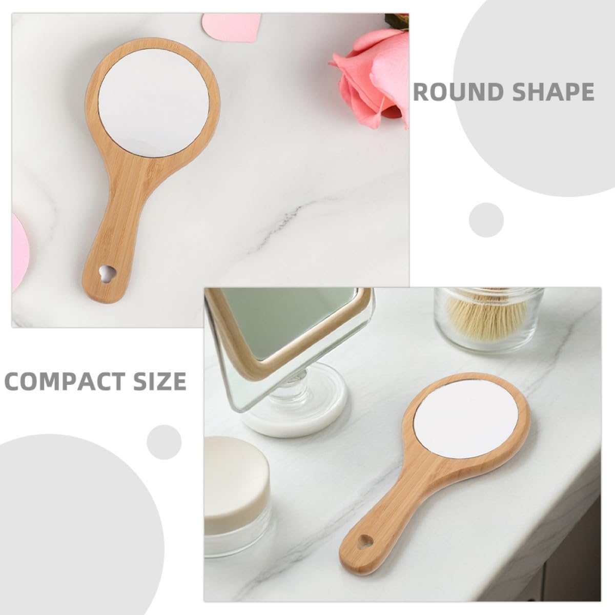 2pcs Wooden Handheld Makeup Mirror Small Portable Travel Vanity Mirror with Handle for Salon and Bathroom Use