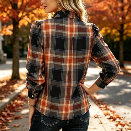 Checkered Shirt Women Dressy Casual Long Sleeve Henley Ruffled Blouse - image 7