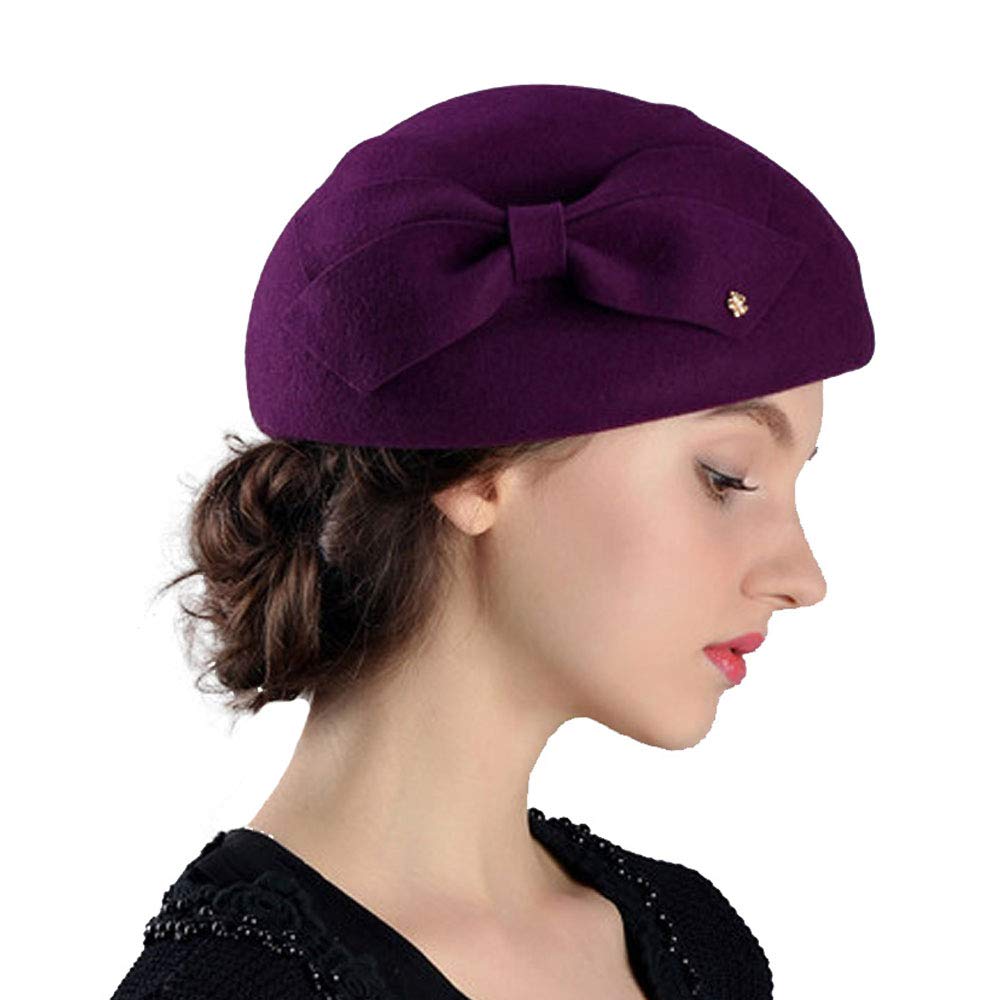 F Fadves Women's Purple Wool Felt French Berets Bowler Hat Artist Boina Bowknot Cap - M