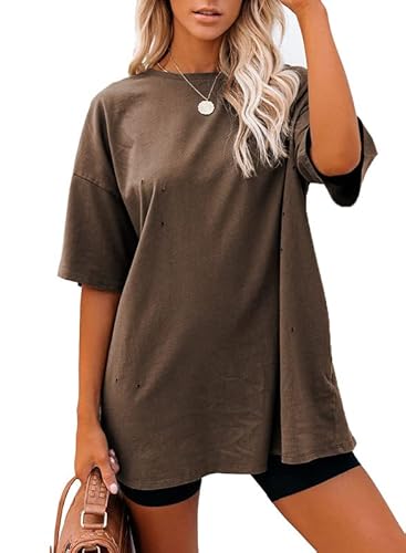 Dokotoo Womens Juniors Casual Summer Tops Short Sleeve Oversized Crewneck Shirts Loose Solid Color Tunic Blouse Basic Tee Fashion T-Shirt And Blouses Brown Medium #TOP19