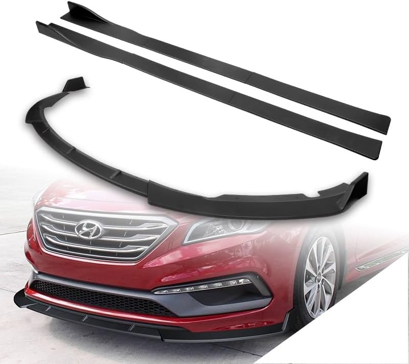 Stay-Tuned, 9PCS ABS STP-Style Front Bumper Lip Spoiler Body Kit + Universal 86" x 4" Side Skirts, Compatible with Hyundai Sonata 2015 2016 2017, Exterior Accessory (Unpainted Black)
