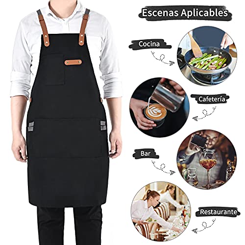 Pinji Delantal de Lona para Cocina, Delantal Ajustable con Bolsillos para Mujeres Hombres Diseño de la Cruz Trasera para… - Imagen 7