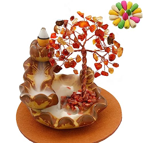 Dreamgirnh Incense Holder, Backflow Incense Waterfall Burner Money Tree, Carnelian Crystal Tree Of Life, Desk Accessories Office Feng Shui Home Decorations, House Warming Gifts New Home Women #TOP4