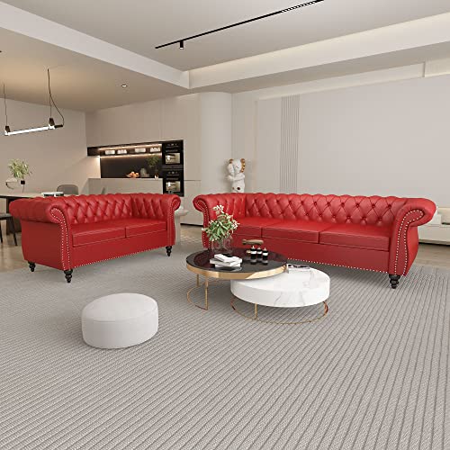 Image of QHITTY 2 Piece Living Room Set, Sectional Chesterfield Sofa Chair Contemporary Upholstered Leather Loveseat Couch Sets for Living Room, Bedroom, Office