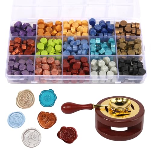 VUTYNKO Wachssiegel Set 15 Farbe 375 Stück Siegelwachs Perlen Set mit Erhitzer & Wachsschmelzlöffel Wachssiegel Stempel Set für Einladungen Karten Umschläge Geschenk Packungen