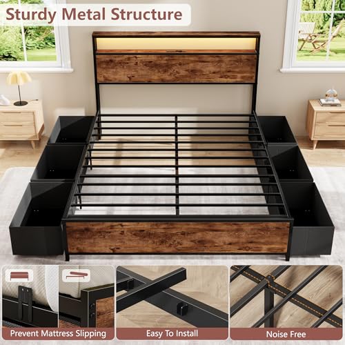 Image of Forestell Queen Bed Frame with 2-Tier Storage Headboard & 6 Drawers | Platform Bed with Heavy Duty Slat Support, Charging Station & LED, USB, Type-C & AC Ports, Noise-Free, No Box Spring, Brown
