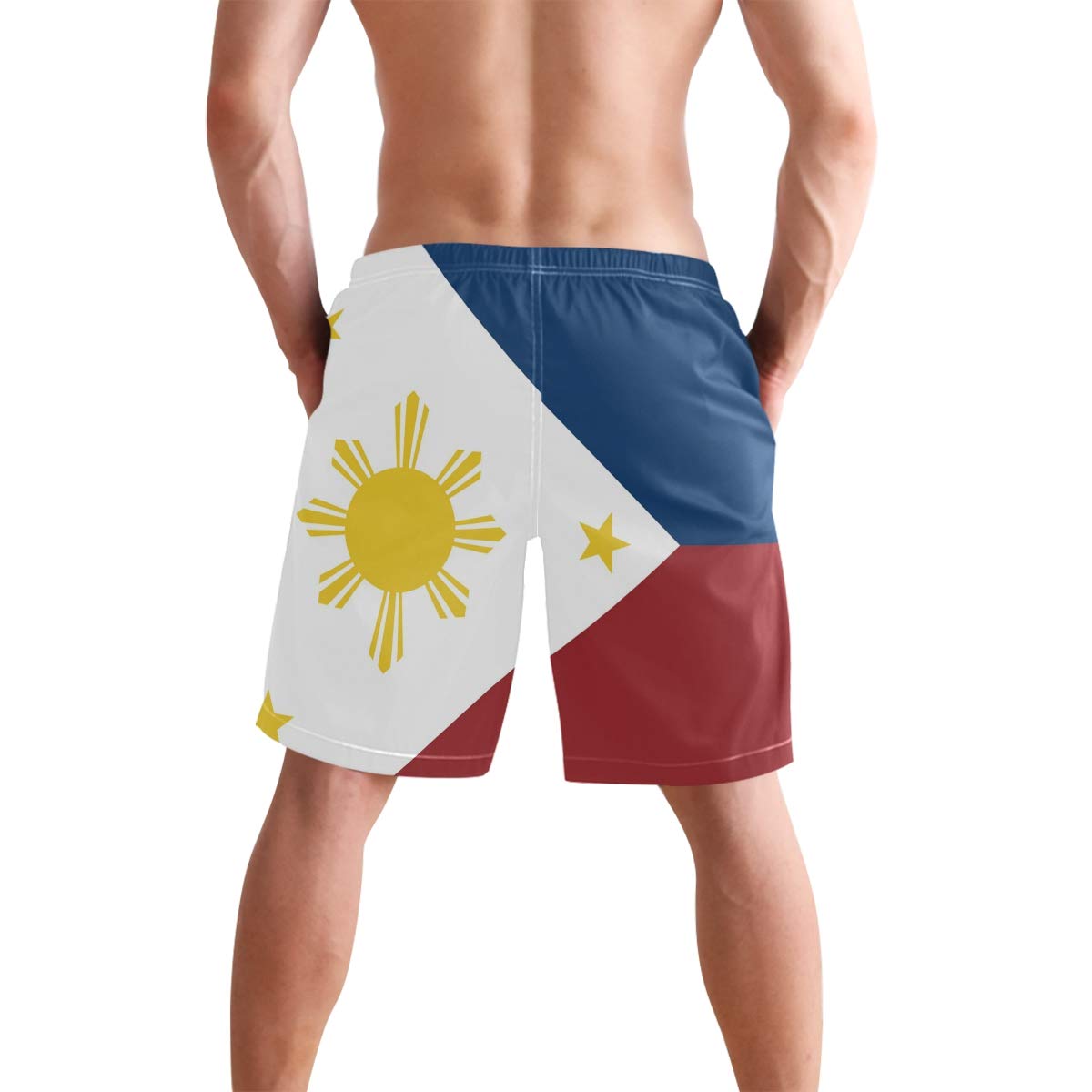 DerlonKaje Pinoy Filipino Flag Stars and Sun Swim Trunks Summer Beach Shorts Pockets Boardshorts Men Mesh Lining