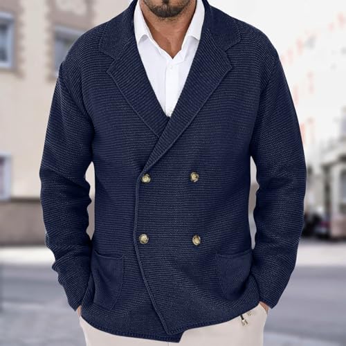 Mens Lapel Collar Cardigan Sweaters Double-Breasted Knit Textured Jackets Plus Size Long Sleeve Fall Outwear with Pockets2