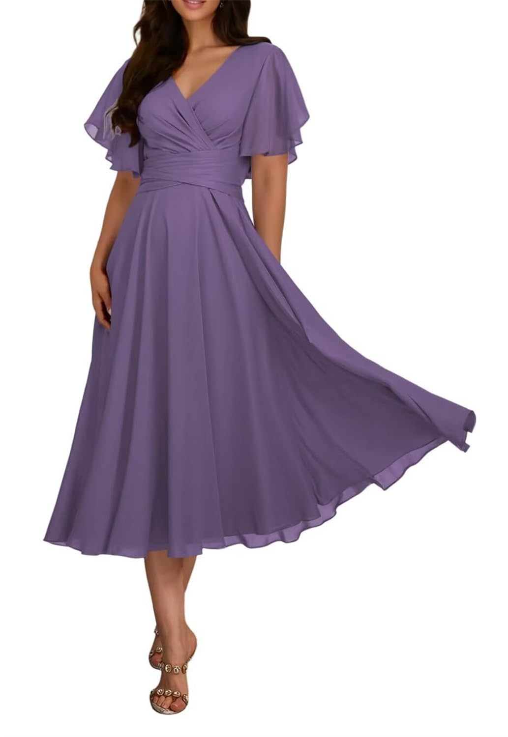 KIYNE Wisteria Mother of the Bride Dresses for Women with Sleeves V Neck Chiffon Maid of Honor Formal Party Dress UK14