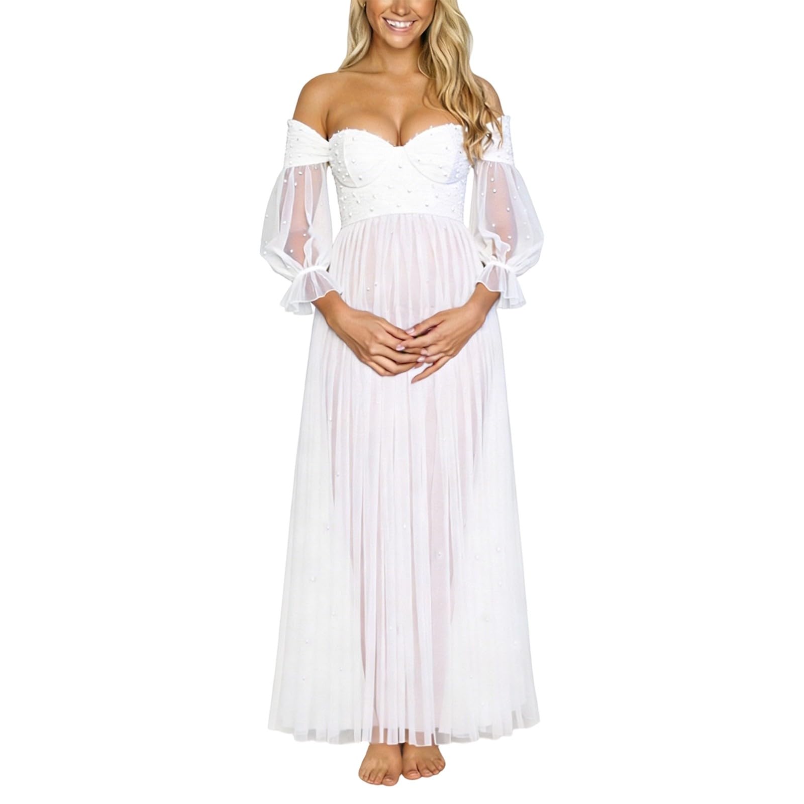 Robe de maternité élégante avec empiècement en résille et détails perlés, robe longue de cérémonie à épaules dénudées pour séance photo de grossesse et occasions spéciales, coupe ajustable et fluide