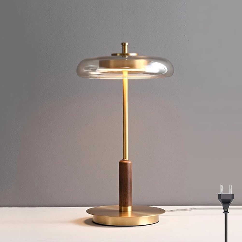 AoLa Mosiężna lampa stołowa w kolorze złotym 3 temperatury barwowe 3000K/4000K/6000K z przełącznikiem lampa stołowa LED z wtyczką i kablem nowoczesna lampa nocna z szklanym kloszem
