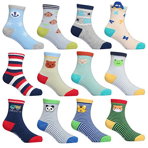 Toddler Socks 3T 4T 5T Baby Boys Socks with Grips 12 Pairs Cotton Non Slip Crew Socks, Toddlers Baby Boys Gift ( Multi-Colors)