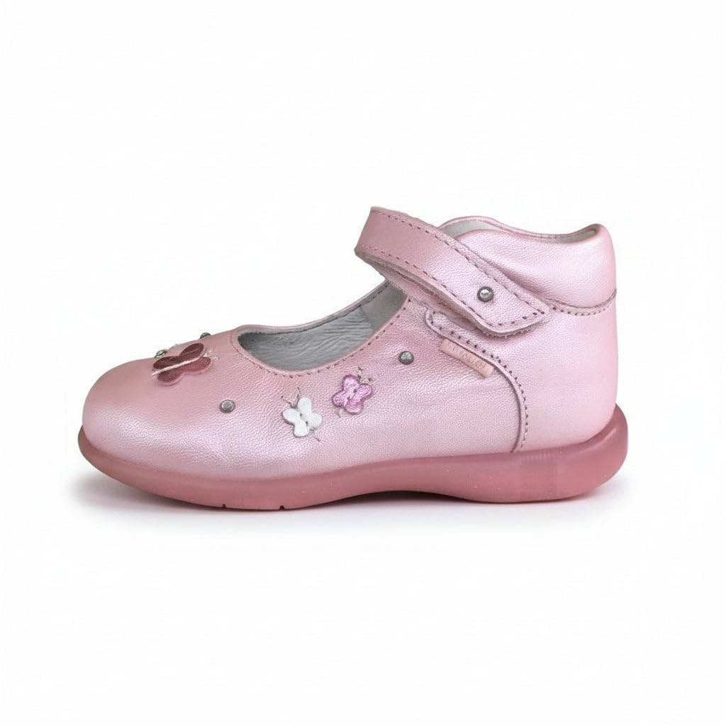 Scarpe Bambina in Vera Pelle Nappa, Rosa Perlato, con Farfalle Decorative, Cinturino, Chiusura a Strappo, Taglia 22 EU