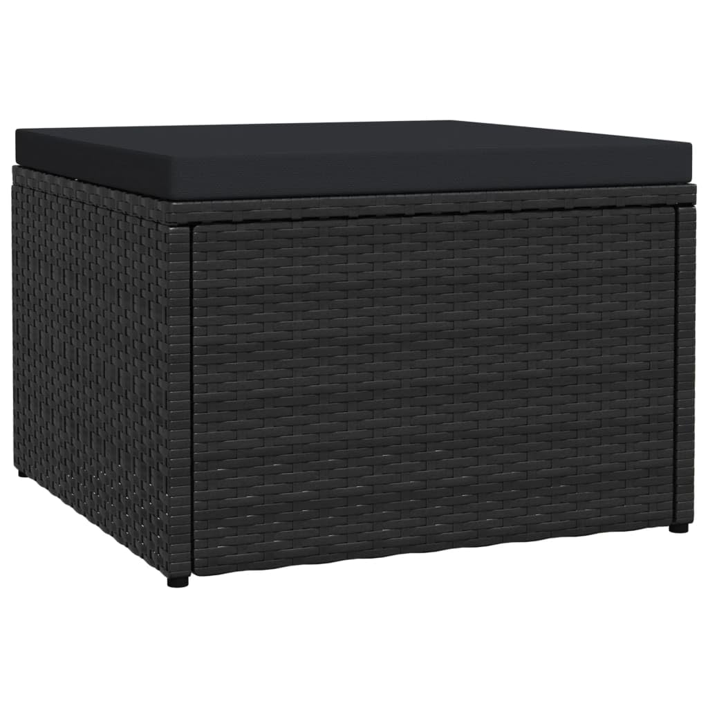 Podnóżek outdoorowy z poduszką, czarny polirattan, malowana proszkowo rama stalowa, 53 x 53 x 33 cm, wyściełany, regulowane nóżki, wszechstronny jako podnóżek na balkon, do ogrodu, na taras