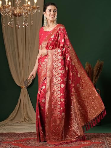 Image of Women's Georgette Kanjeevaram Saree with Woven Ethnic Motif Design, Unstitched Blouse Piece
