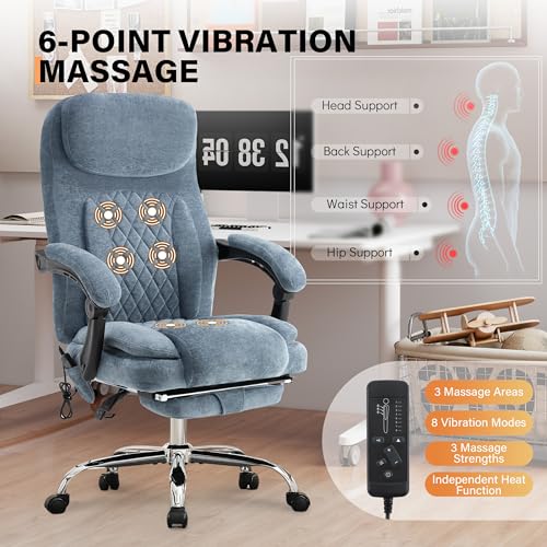 Image of 500LBS Massage Office Chair, Reclining 6 Points Vibration and Heat Desk Chair with Foot Rest, Ergonomic Executive Office Chairs, Comfy Wider & Thicker Seat, Big and Tall Gaming Chair, Fabric Blue