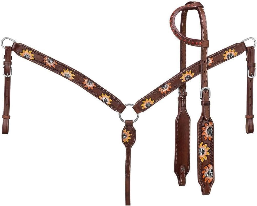 Western One Ear Leather Hand Tooled Headstall and Breast Collar Set with Reins. /Size-Full,Cob,Pony AO-926