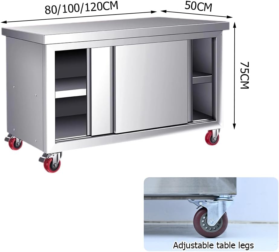 Stainless Steel Work Table with Sliding Doors, Commercial Worktable W/Cabinet,Heavy Duty Metal Kitchen Prep Table,Multifunctional Utility Prep Table for Kitchen,80cm