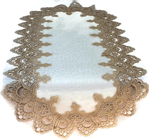 Doily Boutique Table Runner with Gold European Lace and Antique Fabric, Size 34