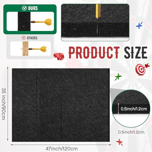 Windkream Extended Length Dart Board Wall Protectors for Professional Darts, 47\'\' x 35\'\' x 0.5 Thick Dartboard Surround Backing Felt Wall with Removable Adhesive Tabs