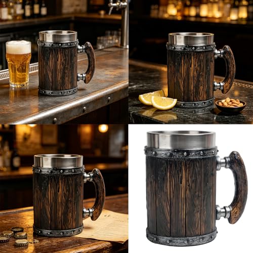 Jarra de cerveza de acero inoxidable premium con diseño de barril clásico medieval 3