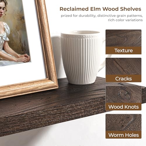 Image of Floating Shelves for Wall, 18in Rustic Solid Elm Wood Shelves, Walnut, 2PCs