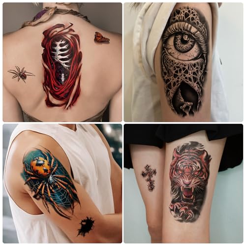 Image of 77 Sheets 3D Realistic Temporary Tattoos Adults Kids, Realistic Skull Tiger Wolf Lion Dragon Spider Snake Temporary Tattoos For Women Men, Half Arm 3D Halloween Temp Tattoos Look Real And Last Long