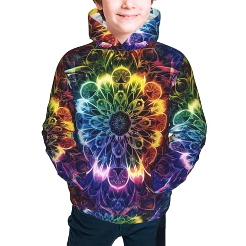 Neon Rainbow Mandala Hoodie Youth Hooded Sweatshirt 3D Digital Printed With Pockets Tops