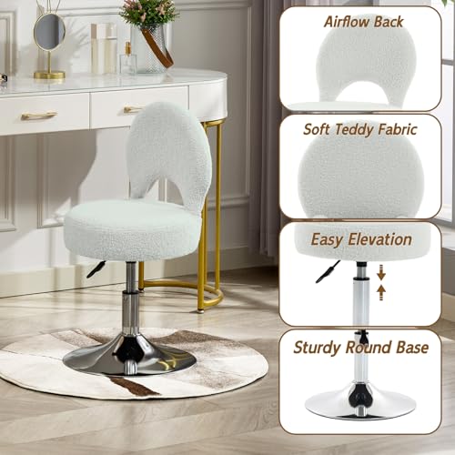 Image of Adjustable Small Vanity Stool Chair with Folding Back for Teenager | 360 Swivel Vanity Chair for Makeup | Teddy Fabric Ottoman Stool for Bedroom Living Room | Small | Beige