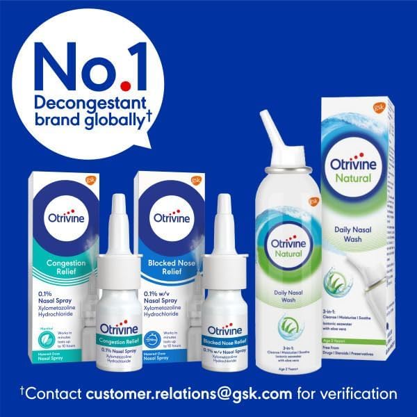 Otrivine Nasal Spray Adult 0.1% Decongestant for Blocked Nose Relief in Cold and Flu, 10 ml