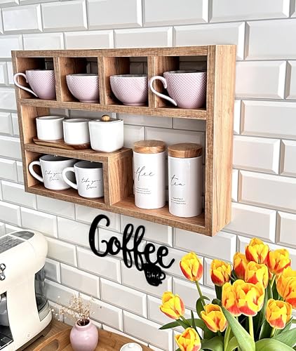 Image of Hamdan Collection Wall Mounted Mug Shelf - Coffee Cup Storage - Kitchen Wall Rack - Floating Cup Organizer - Rustic Coffee Bar Shelf (5 Comp)