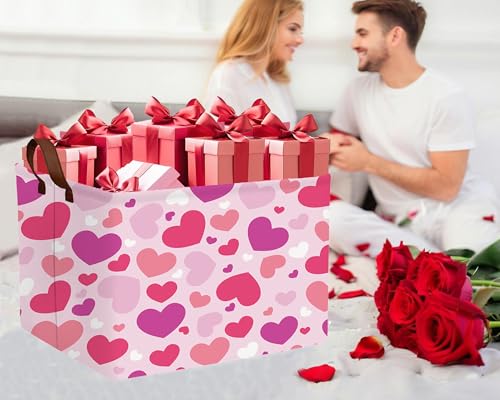Image of Valentines Day Basket Large Foldable Heart Shaped Storage Box for Gifts Kids Empty Storage Bins Rectangular Toy Organizer Decor (Purple Pink White Love)