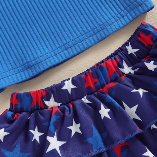 Image of BeQeuewll 4th of July Toddler Girls Outfits Solid One Shoulder Sleeveless Tank Crop Tops Stars Ruffles Skirts 2Pcs Clothes (Star-Blue, 12-18 Months)