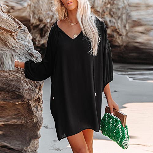 Roupas pretas 2023 gola V algodão ajuste solto bandagem básica para meninas manga longa verão outono