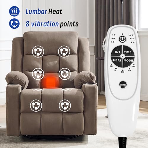 Image of Swivel Recliner Chair for Adults with Massage and Heating,Manual Glider Rocking Recliner Chair with Cup Holds and Pockets,Reclining Rocker Chairs for Living Room Bedroom R8811 (Coffee)