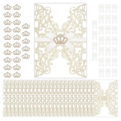 Affrolling 25 Set 5x7 Inch Gold Laser Cut Wedding Invitations Sleeves Quinceanera Invitations with Mini Crowns and Butterfly Ribbons for Wedding Bridal Shower Sweet 16 Birthday Girl