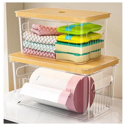 FELIZHOUSE 2 Pack Trash Bag Holder with Bamboo Lid, Stackable Garbage Bag Dispenser Under Sink , Storage Organizer for Kitchen, Laundry, Pantry