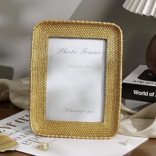 Vintage Gold 5x7 Picture Frame, Gold Metal Rattan Textured Hand-Crafted Photo Frame with Glass Front Antique Picture Frame for Tabletop Display & Wall Display, Retro Design Home Decor