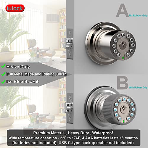 Iulock Smart Door Knob With Keypad And Key,Keyless Entry Door Lock With Rubber Grip, Auto Lock,50 User Code,Waterproof, Easy To Install And Program For Bedroom Garage Office Gate (Satin Nickel) #TOP2