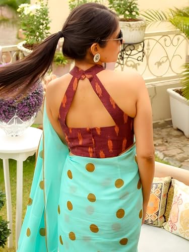 Image of Sidhidata Women's Polka Dot Printed Linen Cotton Saree With Unstitched Blouse Piece (Laddu Free Size)